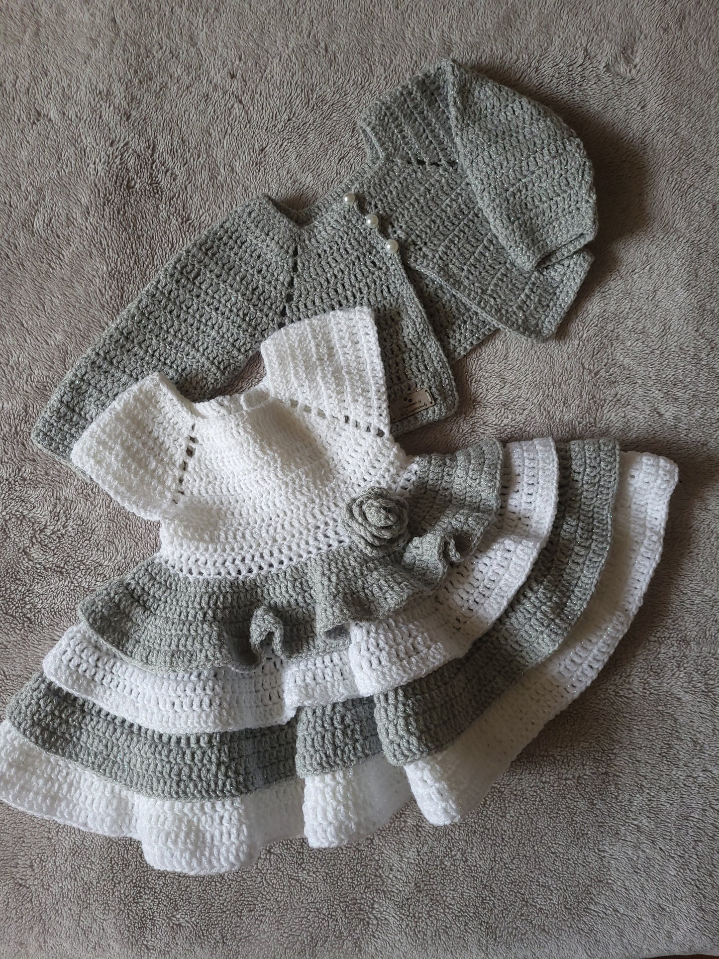 Crochet baby dress and cardigan, 0-3M