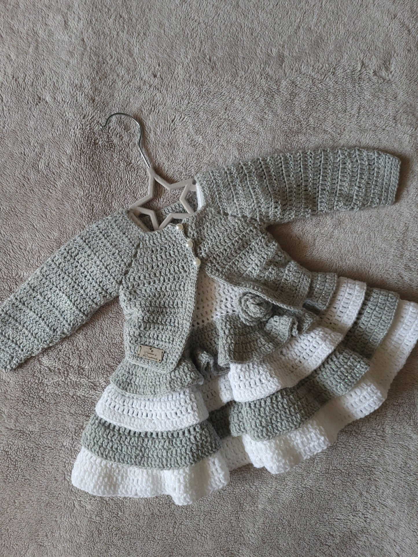 Crochet baby dress and cardigan, 0-3M