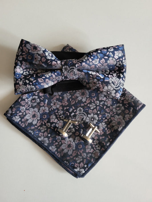 Silk adjustable bow tie and pocket square cufflinks buttons set for men
