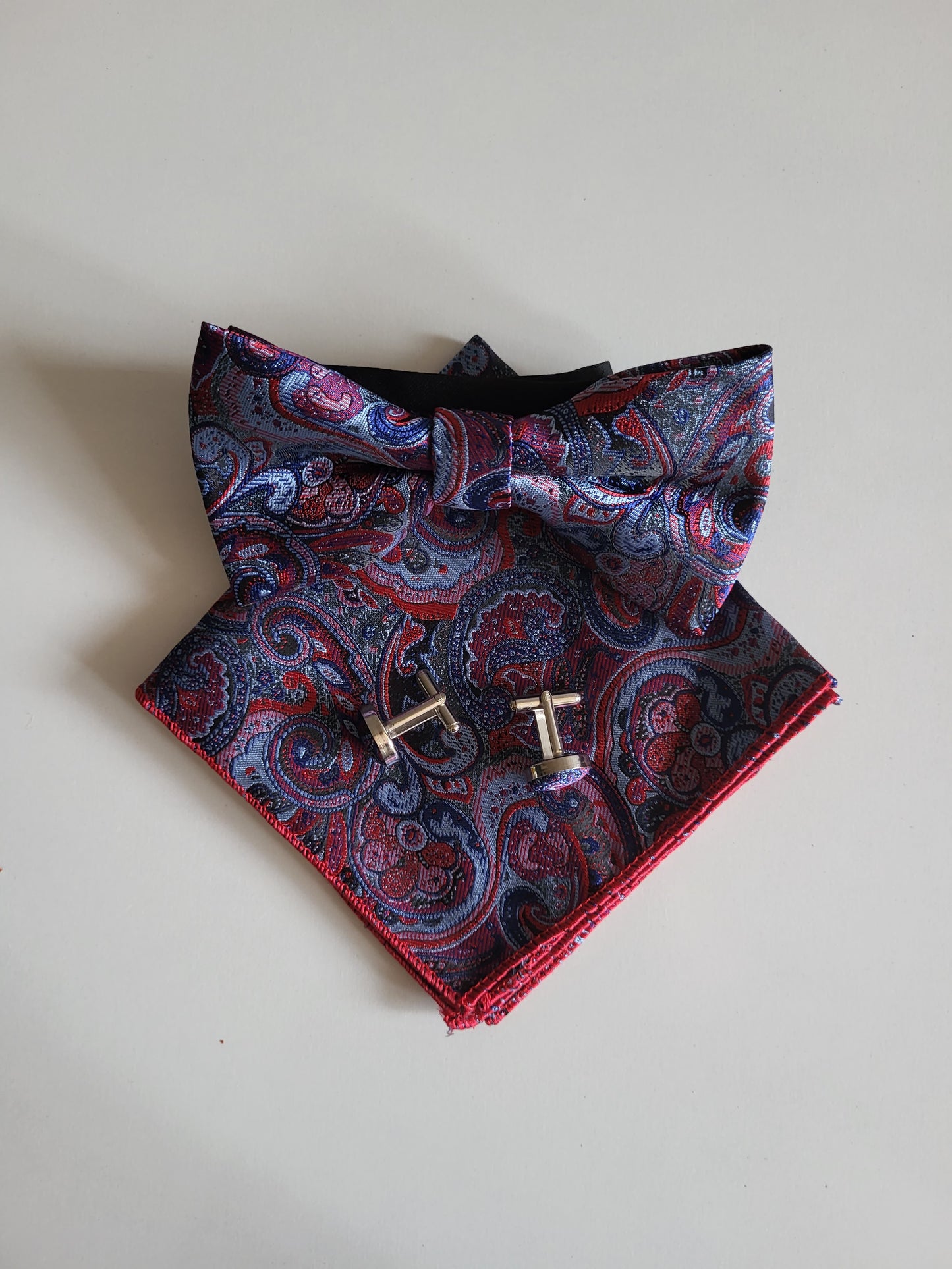 Silk adjustable bow tie and pocket square cufflinks buttons set for men